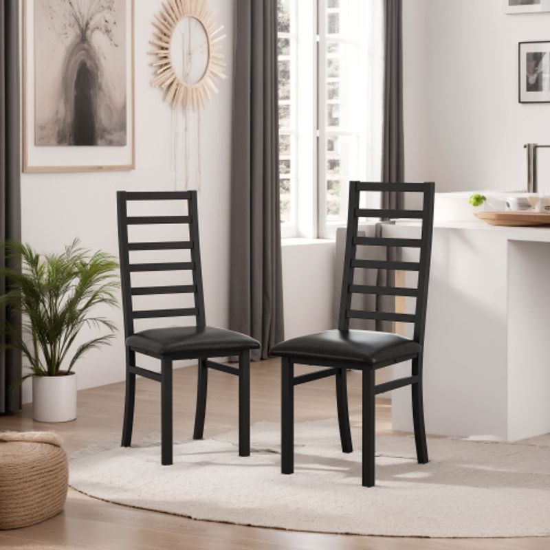 Juego de 2 sillas de comedor de metal con patas de acero y asientos de cuero sintético. Sillas de comedor sin brazos con respaldo alto para cocina y sala de estar. Color negro._voghion.com