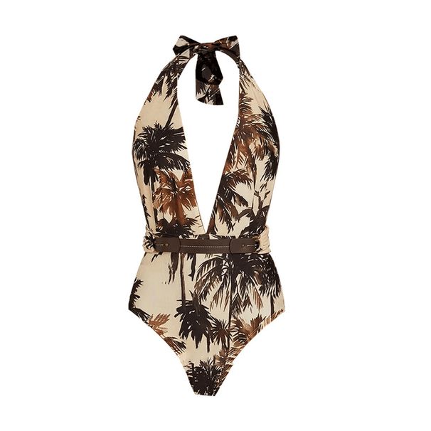 Women's Retro Print One-Piece Swimsuit - Deep V Halter Neck Design_voghion.com