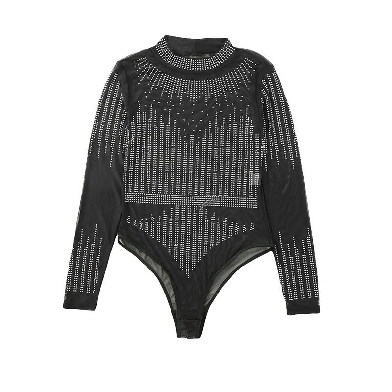 Zwarte jumpsuit met transparante mesh en lange mouwen met strasssteentjes, sexy doorzichtige holle bodysuit_voghion.com