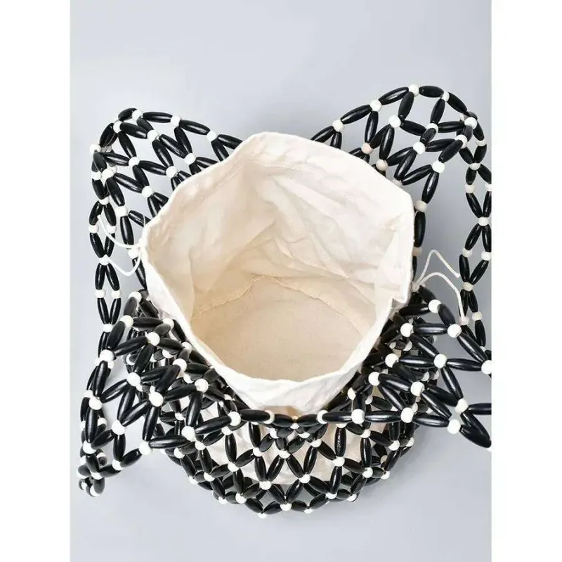Designer Bags Women Woven Hand Summer Design Hollow-Out Wooden Bead Tote Bucket Shoulder Female Reticulate Netted Canvas_voghion.com