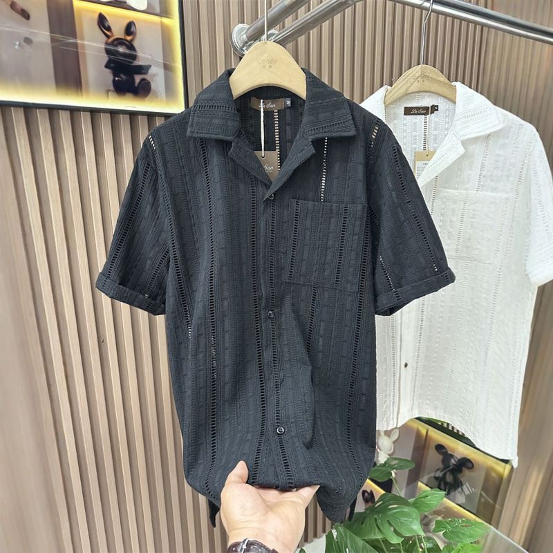 Men's Clothing Light Luxury Casual Cuban Collar Short Sleeved Shirt Men's Hollow Half Sleeved Shirt_voghion.com