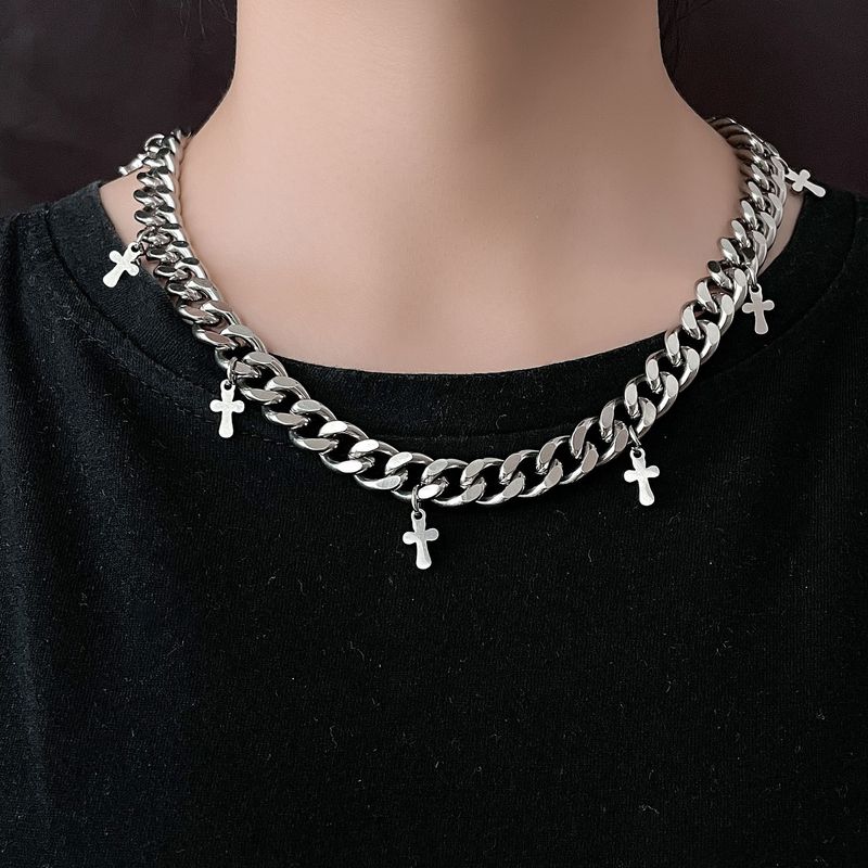 Design Style Cross Cuban Ins Hip Hop Trendy Unisex Versatile Collarbone Chain Titanium Steel Jewelry_voghion.com