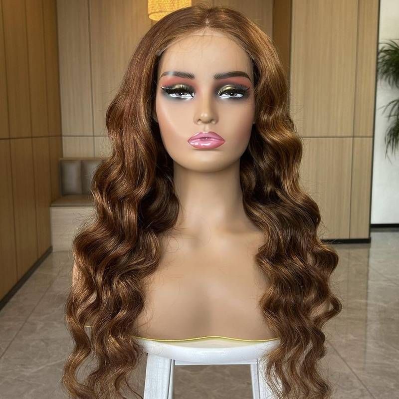 Highlight Braun/#27 Blonde Lace Front Echthaar-Perücke 180% Dichte Brasilianisches Echthaar Lockere Welle Lace-Perücke für Damen_voghion.com