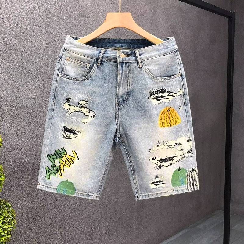 Men's Clothing Personalized Printed Loose Denim Shorts Men's Retro Distressed Light Colored Washed Large Size Shorts_voghion.com