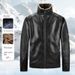 Men's Faux Leather Jacket With Fleece Lining – Winter-Ready Stand Collar Bomber (L-5XL, Black/Brown)_voghion.com