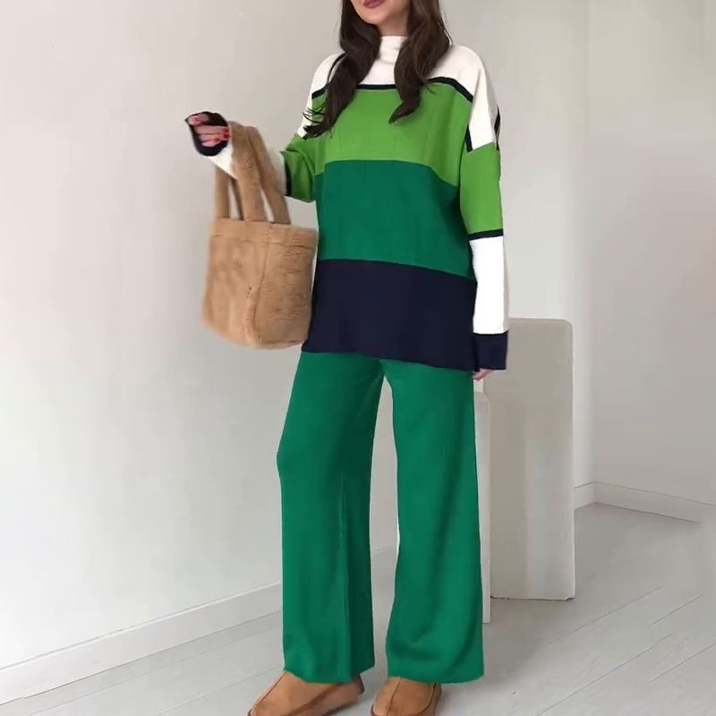 Completo da salotto in maglia color-block – Pantaloni comodi con orlo diviso e cardigan lungo (nero, verde, cammello) – dalla XS alla XXXL_voghion.com