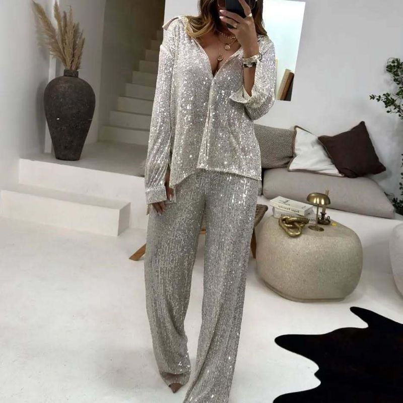 Elegant Sequin Blazer & Pants Set For Women - Stylish Office & Party Outfit - Silver & Black_voghion.com