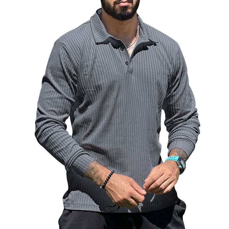 Men's Casual Lapel Long Sleeve Men's T-shirt Lapel Polo Shirt_voghion.com