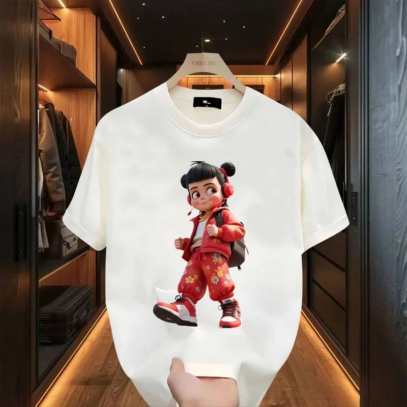 Nezha Grafisch Zomer Katoenen T-shirt Ronde Hals Trui 100% Katoen_voghion.com