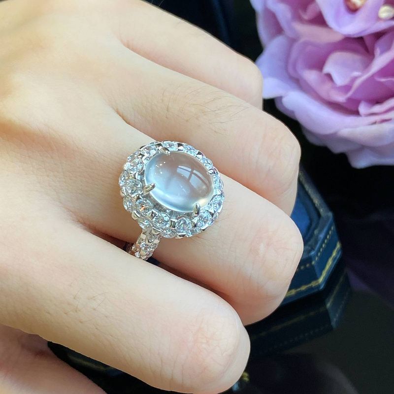 Agate White Jade Ring Female Oval Cabochon Ring Hand Jewelry Natural Gray_voghion.com