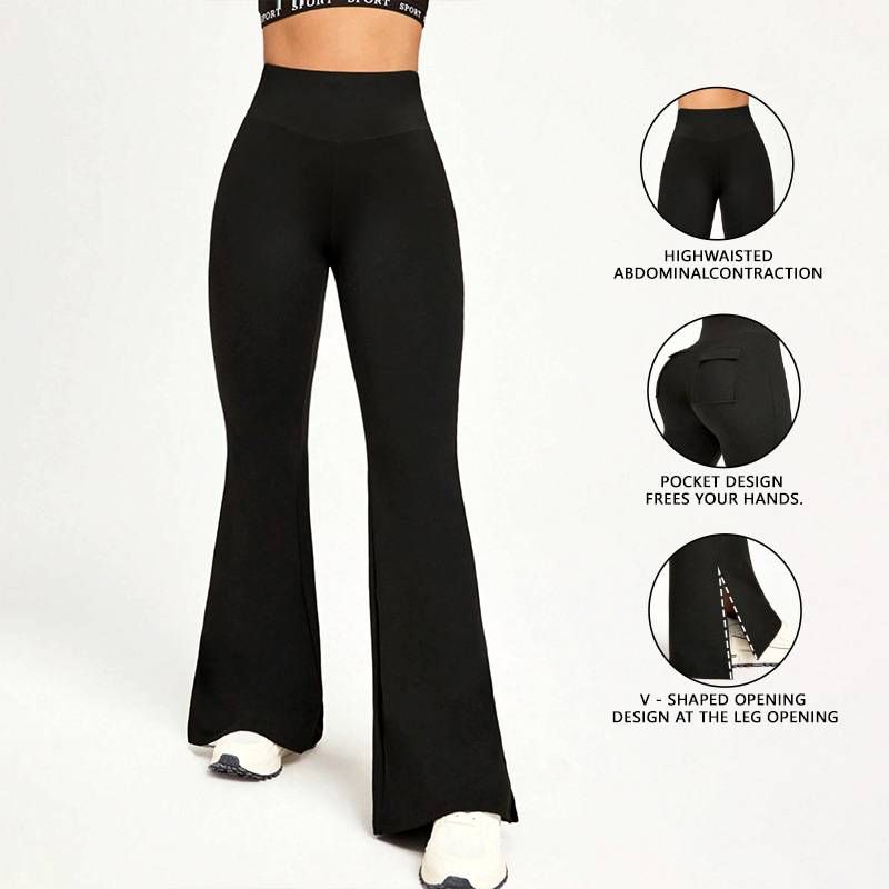 Damenbekleidung Yoga-Overalls mit Taschen, pfirsichfarben, hüftenge enge Overalls, Hüftlift, hochelastische Yoga-Sport-Schlaghose_voghion.com
