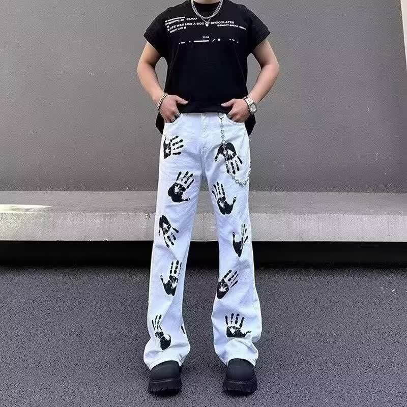 Męskie ubrania Białe unisexowe hiphopowe spodnie jeansowe unisexowe hip-hopowe z nadrukiem - proste i rozszerzane nogawki - casualowa odzież uliczna dla mężczyzn i kobiet_voghion.com