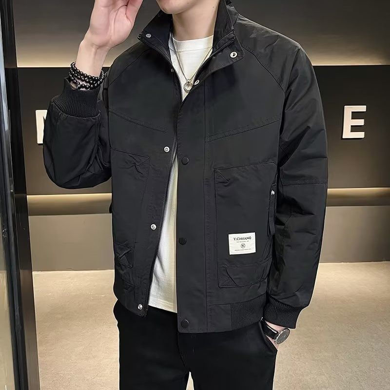​​"Men's Stand Collar Work Jacket - Lightweight Polyester Zip-Up Casual Coat With Side Pockets (Khaki Green/Black, M-3XL)"​​_voghion.com