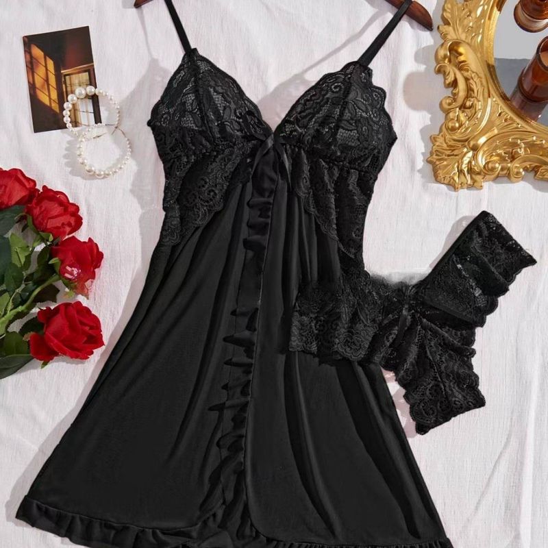 Underwear Sexy Red Ice Silk Lace Pamas Female Suspender Skirt Hot Transparent Suspenders Pure Desire Style Nightdress_voghion.com