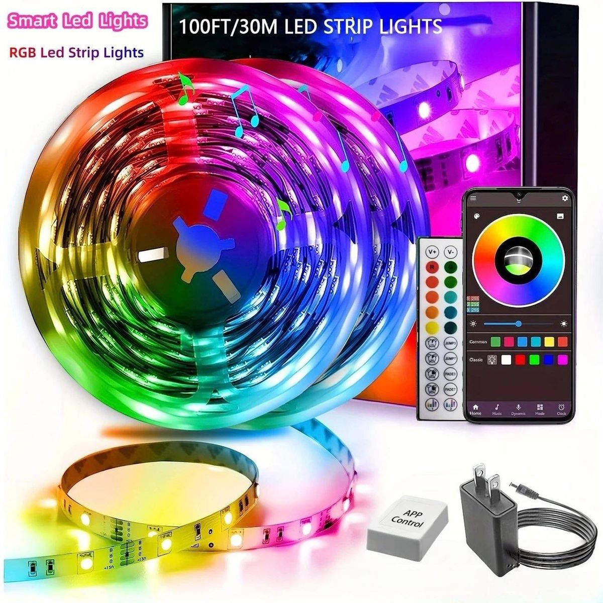 24-V-RGB-LED-Lichtstreifen mit Musiksynchronisation und Bluetooth- und APP-Steuerung, 44-Tasten-IR-Fernbedienung, 3535-Chip, 16 LEDs/Meter, 90 CRI, 50.000 Stunden Lebensdauer_voghion.com