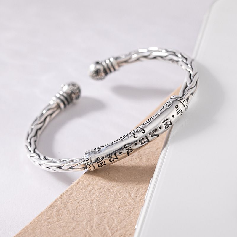 Bracciale in argento massiccio intrecciato in stile coreano, stile S, per uomo e donna, con motivo alla moda e scrittura sanscrita, elegante, hip-hop_voghion.com