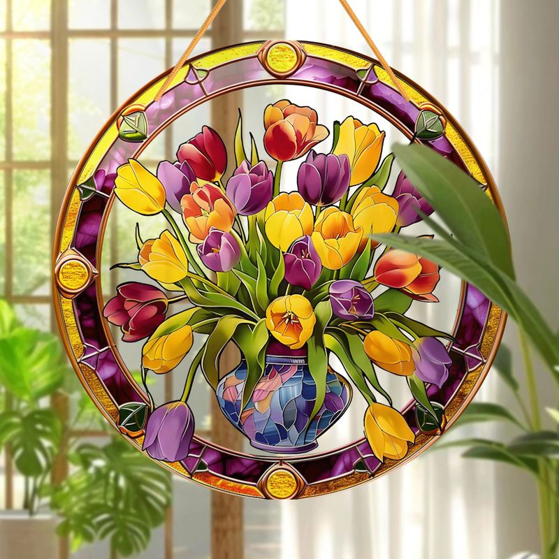 Attrape-soleil en forme de bouquet de tulipes - Art en acrylique sur vitrail de 20 cm. Décoration florale printanière pour porches ou pour une pendaison de crémaillère joyeuse._voghion.com