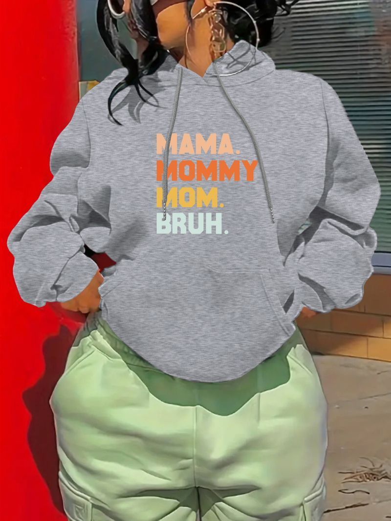 Warmer Hoodie mit Aufdruck und Tasche, überschnittene Schultern, Kordelzug_voghion.com
