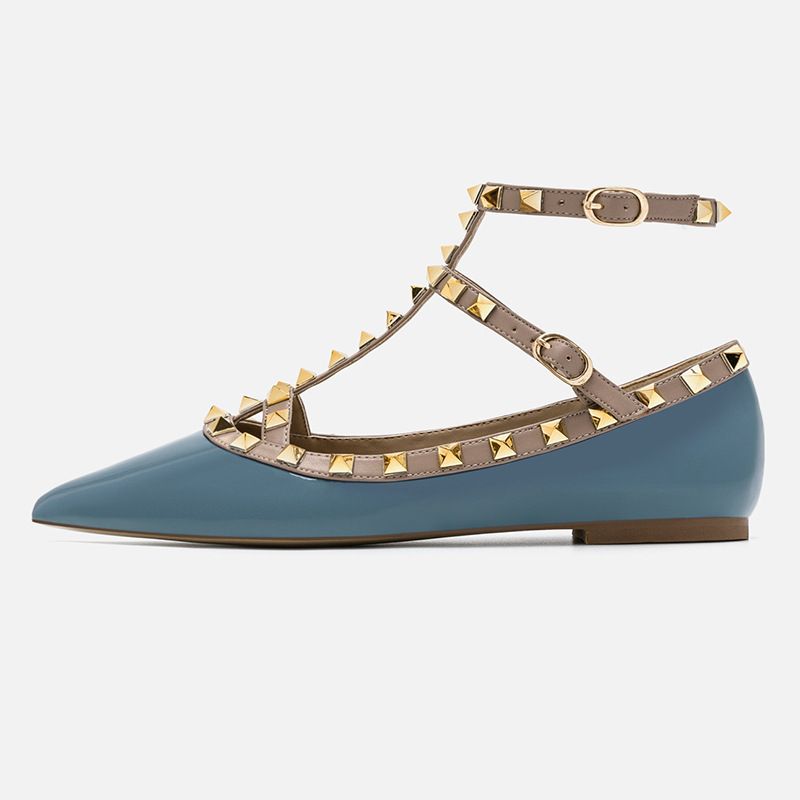 Modische, flache Pendlerschuhe aus Leder mit spitzer Spitze und flachem Mund, Riemen und Nieten_voghion.com