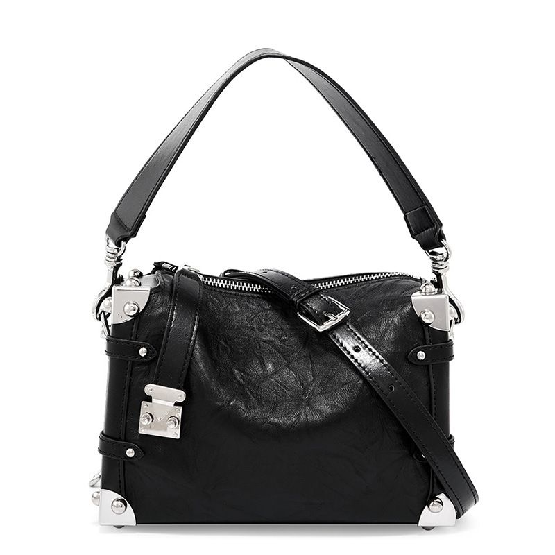 Borsa a tracolla da donna in vera pelle con rivetti, popolare borsa a tracolla morbida quadrata con primo strato in stile pigro_voghion.com