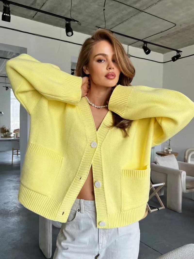 Cardigan tricoté à col en V et poches pour femme, veste pull douce et cirée_voghion.com
