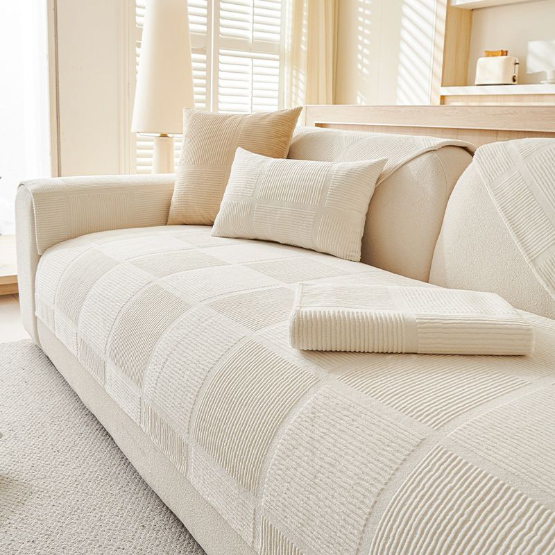 Plush Checkered Sofa Cushion Cover - Customizable Non-Slip Sofa Protector For Sectional Couches (Beige/White/Gray) - Soft & Stylish Home Decor​_voghion.com