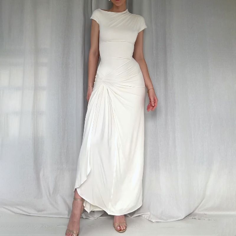 XY24158 Été 2024 Nouvelle robe longue coupe slim avec taille cintrée sexy, manches courtes torsadées et fendues_voghion.com