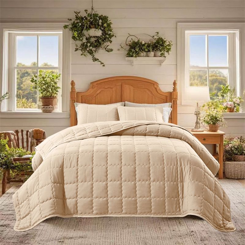 Modern Minimalist Geometric Quilted Bedding Set - Soft Brushed Polyester, Solid Colors, Multiple Sizes (173x229cm To 264x229cm)_voghion.com