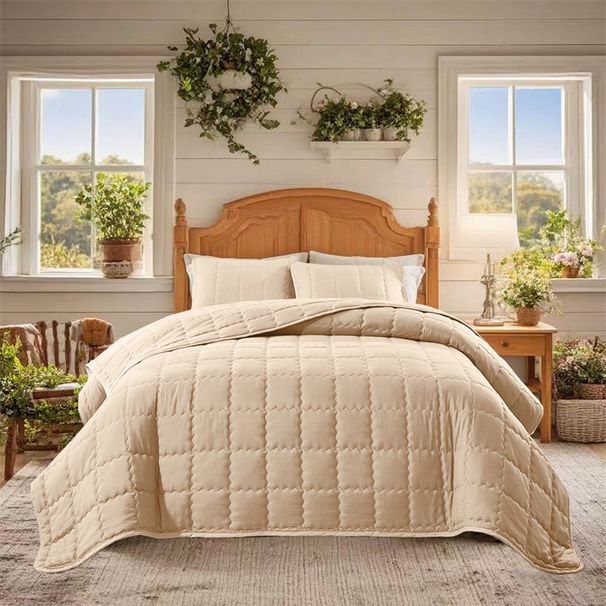 Modern Minimalist Geometric Quilted Bedding Set - Soft Brushed Polyester, Solid Colors, Multiple Sizes (173x229cm To 264x229cm)_voghion.com