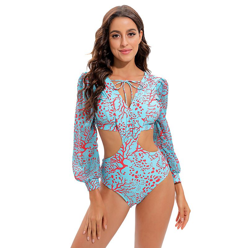 2023 new swimsuit backless long sleeve One-piece swimsuit high waist lace up V-neck swimsuit women bikini_voghion.com