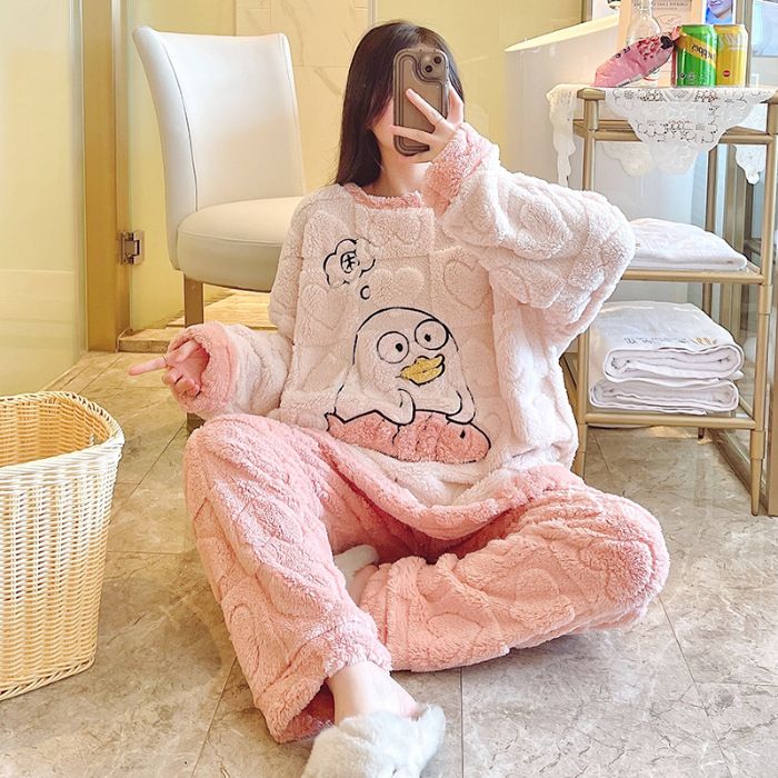 Ζακάρ βελούδινα ρούχα ύπνου για γυναίκες τον χειμώνα, γλυκό παντελόνι με μακριά μανίκια σε στυλ καρτούν, μέγεθος 230 λίβρες συν λίπος χιλιοστά ρούχα για το σπίτι_voghion.com
