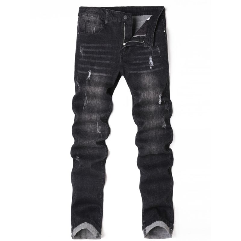 Jeans elasticizzati slim dritti da uomo - Pantaloni in denim lavato nero e grigio effetto used per abbigliamento casual_voghion.com