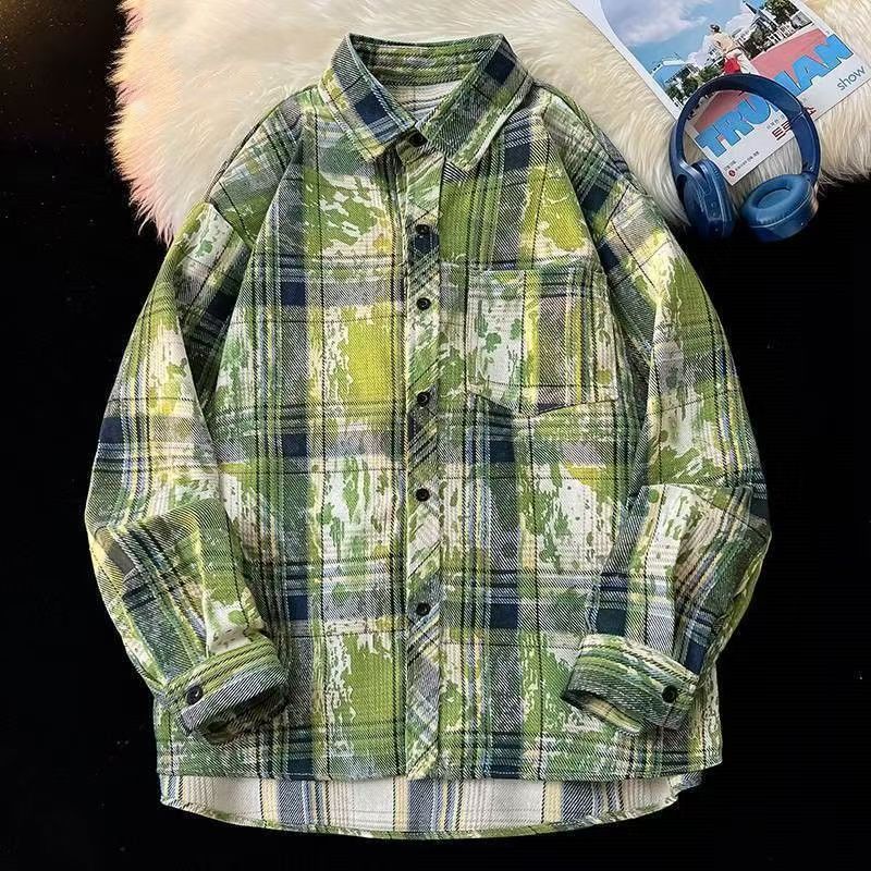 Retro Ink Tie Dye karirasta moška ohlapna moška srajčna jakna za prosti čas_voghion.com