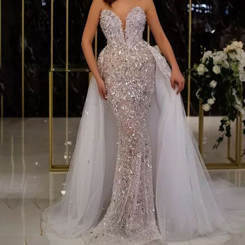 Two Piece Wedding Dress With Deep V Neckline, Handmade Lace Bridal Gown With Detachable Train, Sexy And Elegant Evening Style_voghion.com
