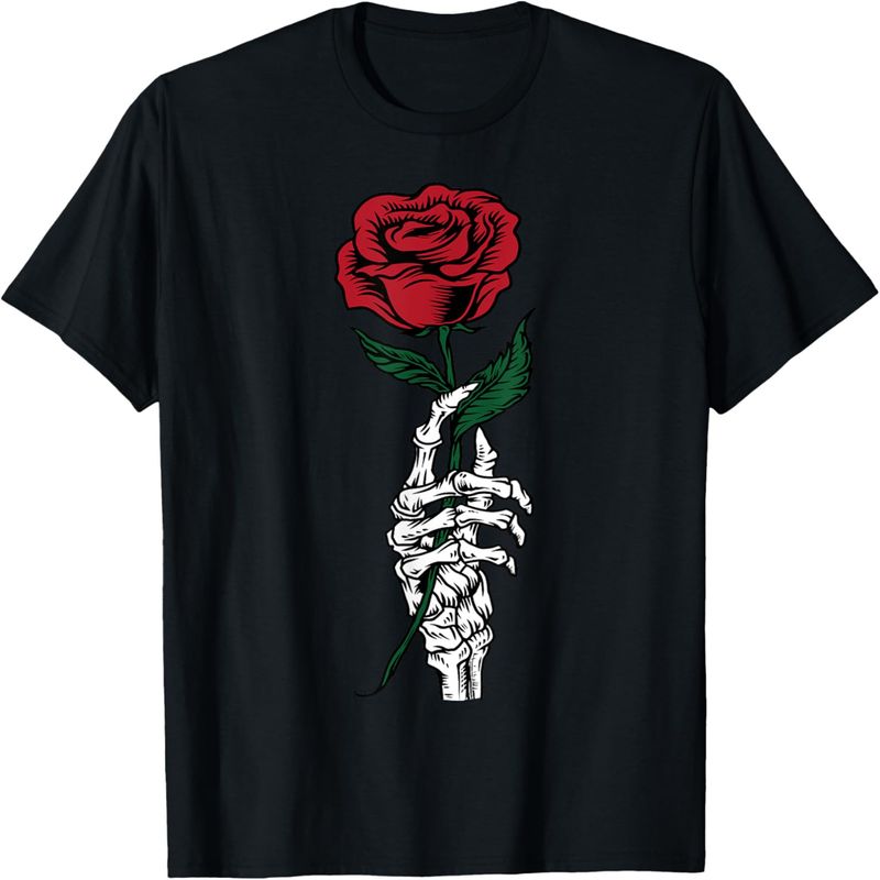 Rose Flower Gift - White Skeleton Hand Holding a Red Rose T-Shirt._voghion.com