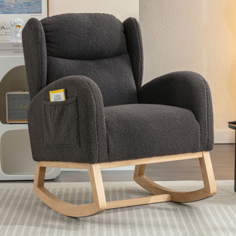 049 Moderner Schaukelstuhl Mit Teddy-Stoffbezug, Ohrensessel, Gepolsterte Sitzfläche Für Wohnzimmer Und Schlafzimmer, Dunkelgrau_voghion.com