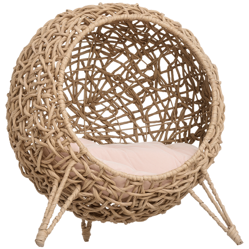 PawHut 20.5 Weaved Cat Bed Hand-Woven Braided Banana Leaf Kitten House Condo With Cushion Natural_voghion.com