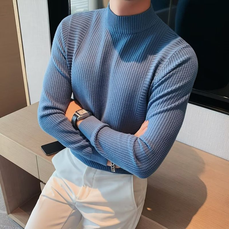 Neuer warmer Halbhochkragenpullover für Herren im Herbst und Winter, schmal geschnittener, langärmeliger Strickpullover mit vielseitiger Basis in einfarbiger Farbe_voghion.com