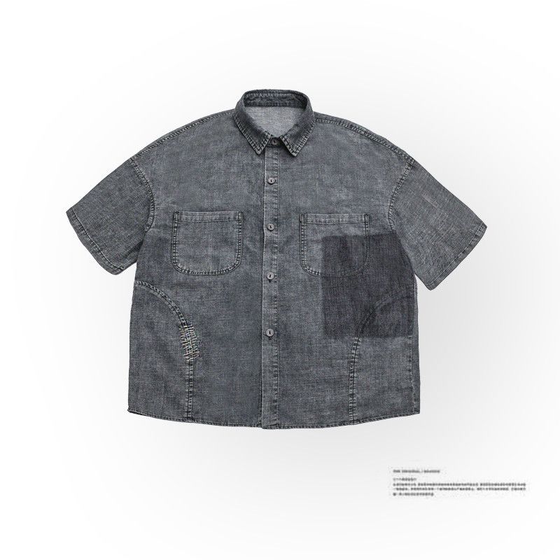 Erkek Giyim Günlük Gömlek Eski Yıkanmış Retro Moda İş Giyim Kısa Kollu Gömlek_voghion.com