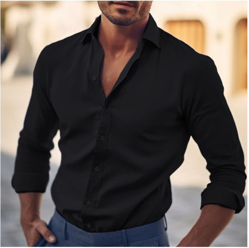 Men's Clothing New Shirt Men's Long Sleeved Shirt Solid Color Lapel Business Casual Style Shirt_voghion.com