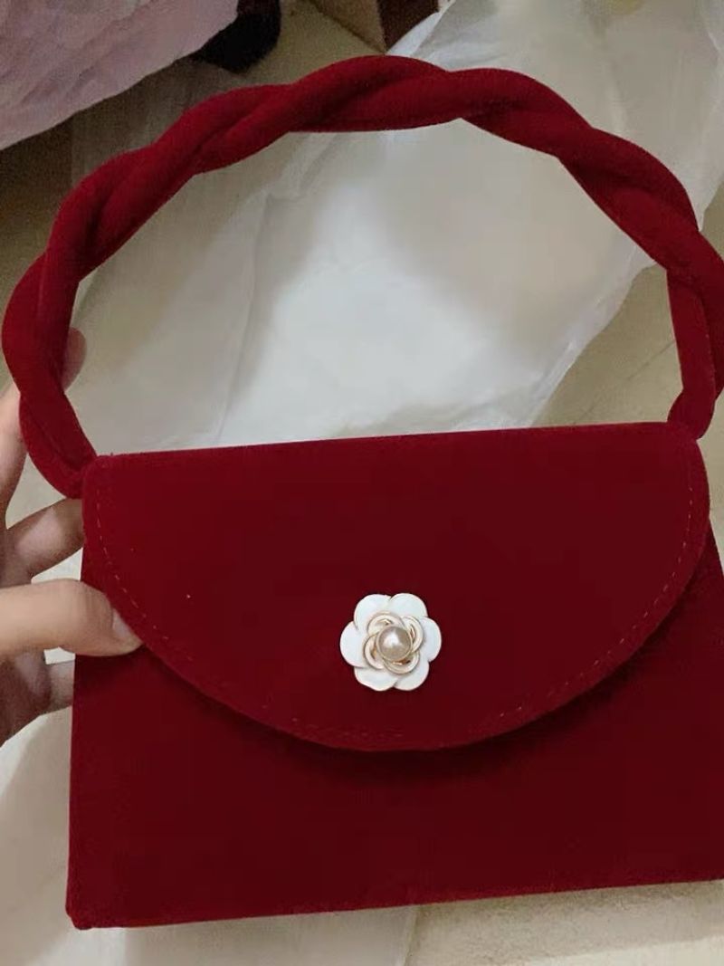 Borsa da sposa rossa con tracolla per la cena da donna, fiore di camelia, piccola perla quadrata, borsa da sposa in velluto a mano_voghion.com