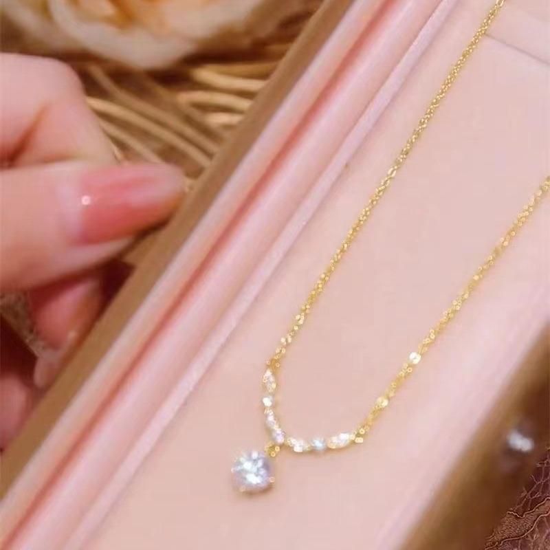 Women Shiny Zircon Pendant Necklace Unique Design Bling Collarbone Gold Chain Jewelry_voghion.com