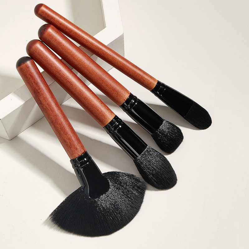 Sæt med 4 makeup-børster, rødbrun, foundationbørste, stor viftebørste, skønhedsværktøj GUJHUI_voghion.com