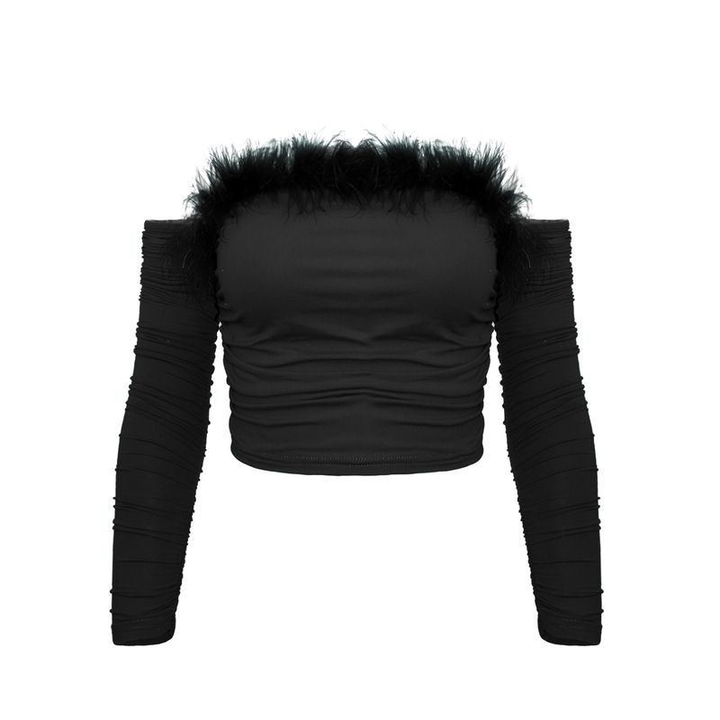 Damen-Langarmshirt mit Pelzkragen, Röhrenoberteil, Neckholder-Oberteil mit einreihigem Kragen und schulterfreiem, einreihigem Kleid_voghion.com