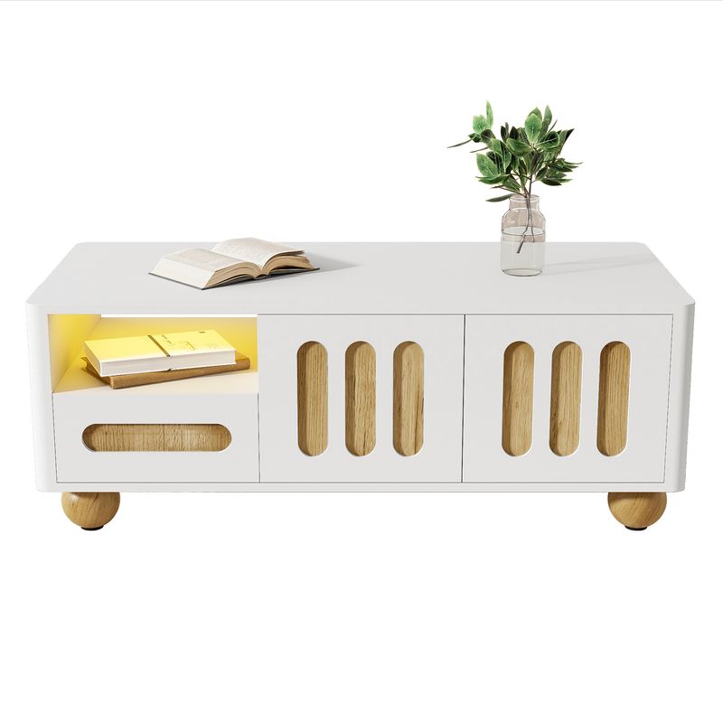Divano moderno 105x50x40 cm in bianco con legno, 4 ripiani, 2 lampade, illuminazione a LED_voghion.com