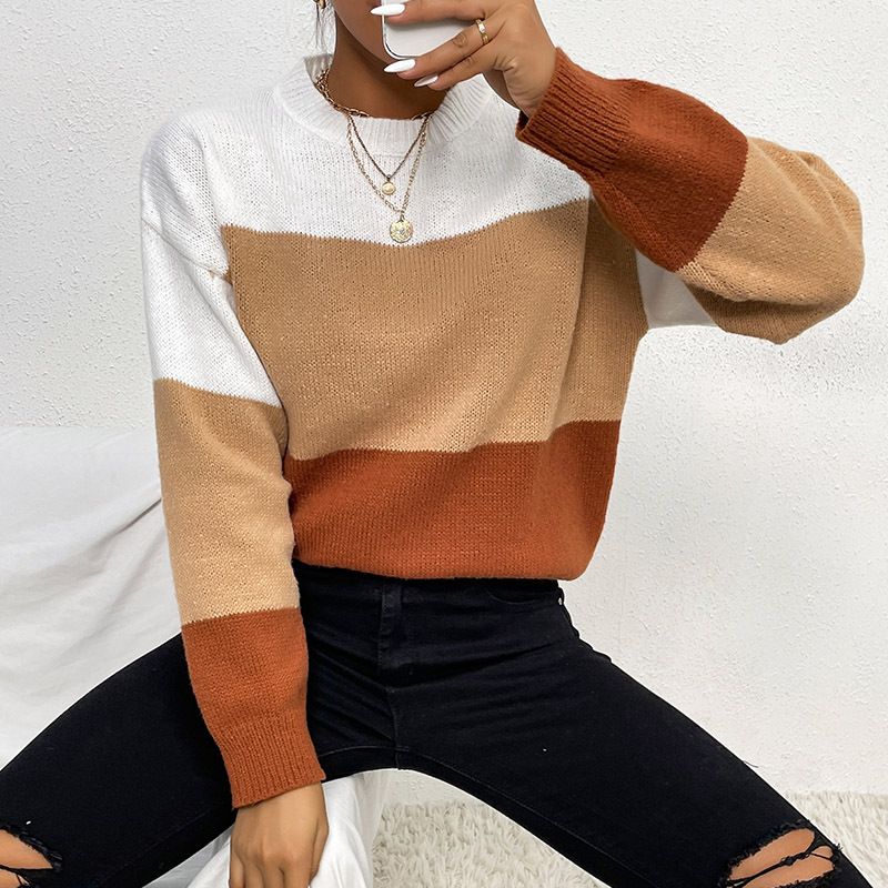Farbblockierter, lässiger, lockerer Pullover mit langen Ärmeln_voghion.com