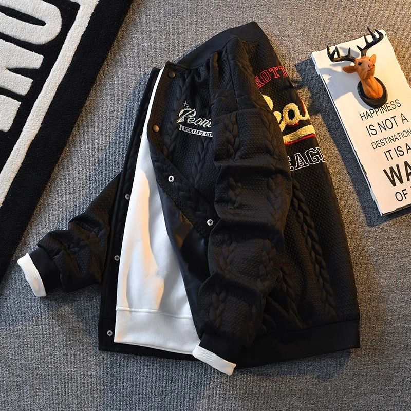 Men's Fleece-Lined Baseball Jacket – Retro Style Heavyweight Bomber (M-3XL, Black/White)_voghion.com
