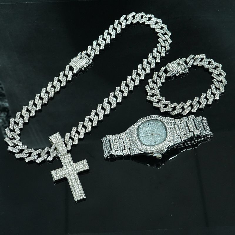 Conjunto de joyería para hombre y mujer: collar de cadena de eslabones cubanos estilo hip hop con colgante de cruz con corte de diamante y pulsera a juego, 15 mm de ancho, aleación en tono dorado/plateado._voghion.com
