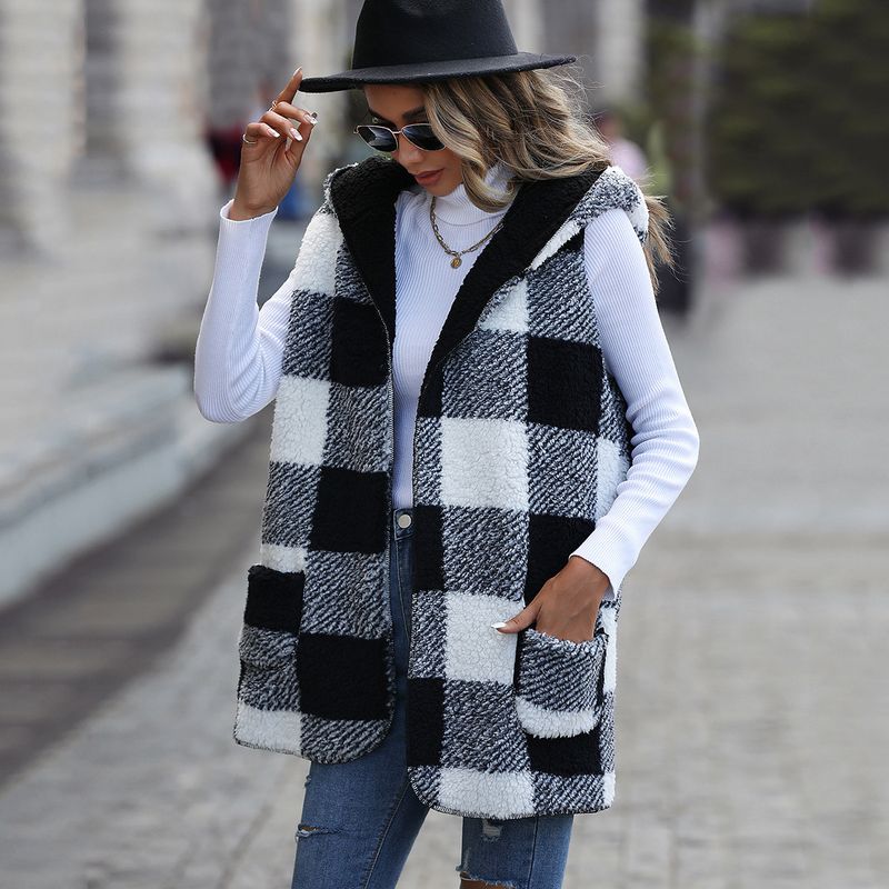 Double-sided European and American new casual women's clothing, medium length hooded sleeveless plaid plush loose jacket_voghion.com