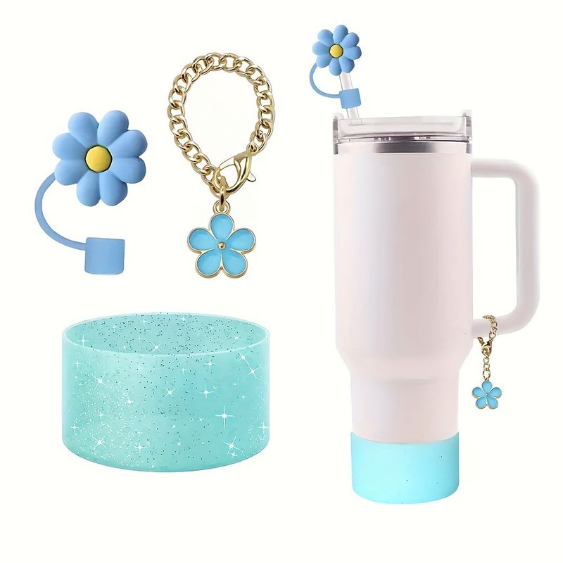 Glitter Cup Coaster Flower Straw Lid Set 5-Piece Tumbler Accessories With Detachable Charm Chain Dust Plug Rhinestone Decor Fits 20-30oz Tumblers_voghion.com